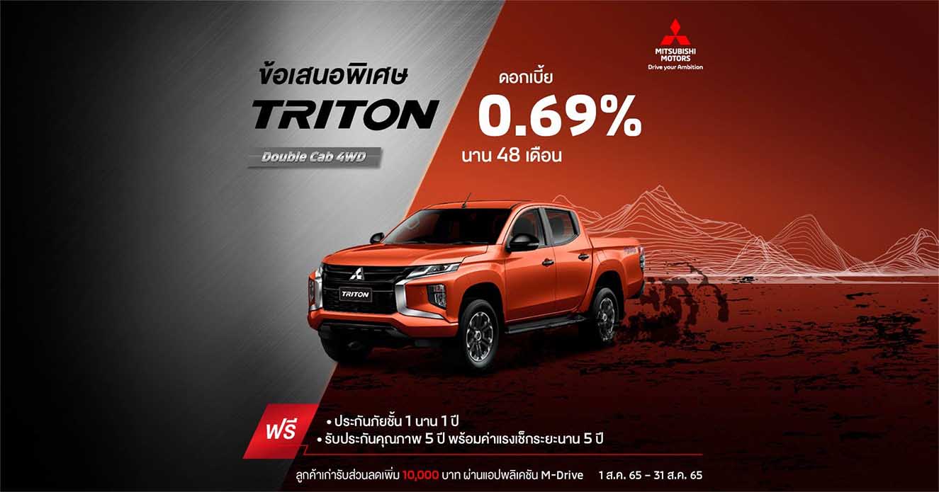 Triton สำหรับรุ่น ดับเบิ้ล แค็บ (4WD) รับ ดอกเบี้ย 0.69%* นาน 48 เดือน